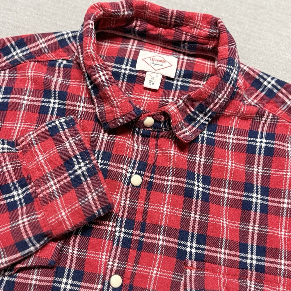 Lee Cooper Flannel Shirt Mens XL‎ Red Plaid Pearl Snap Western Lumberjack Cowboy